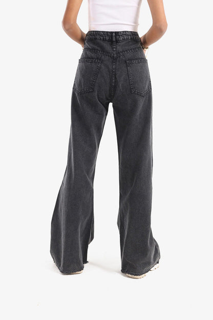 Dark Gray Unstitched Hem Wide Leg Jeans