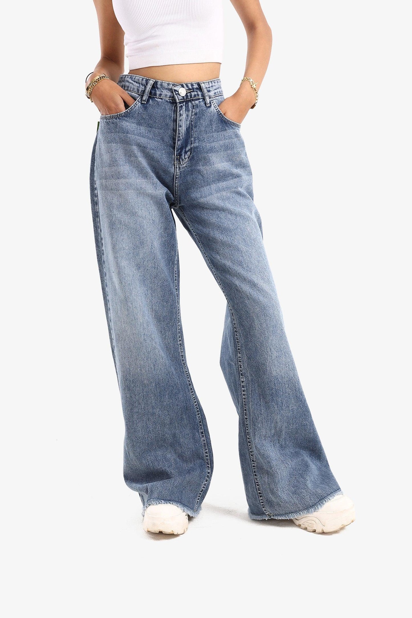 Denim Blue Unstitched Hem Wide Leg Jeans