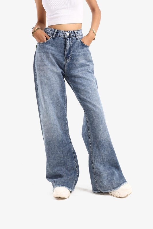 Denim Blue Unstitched Hem Wide Leg Jeans