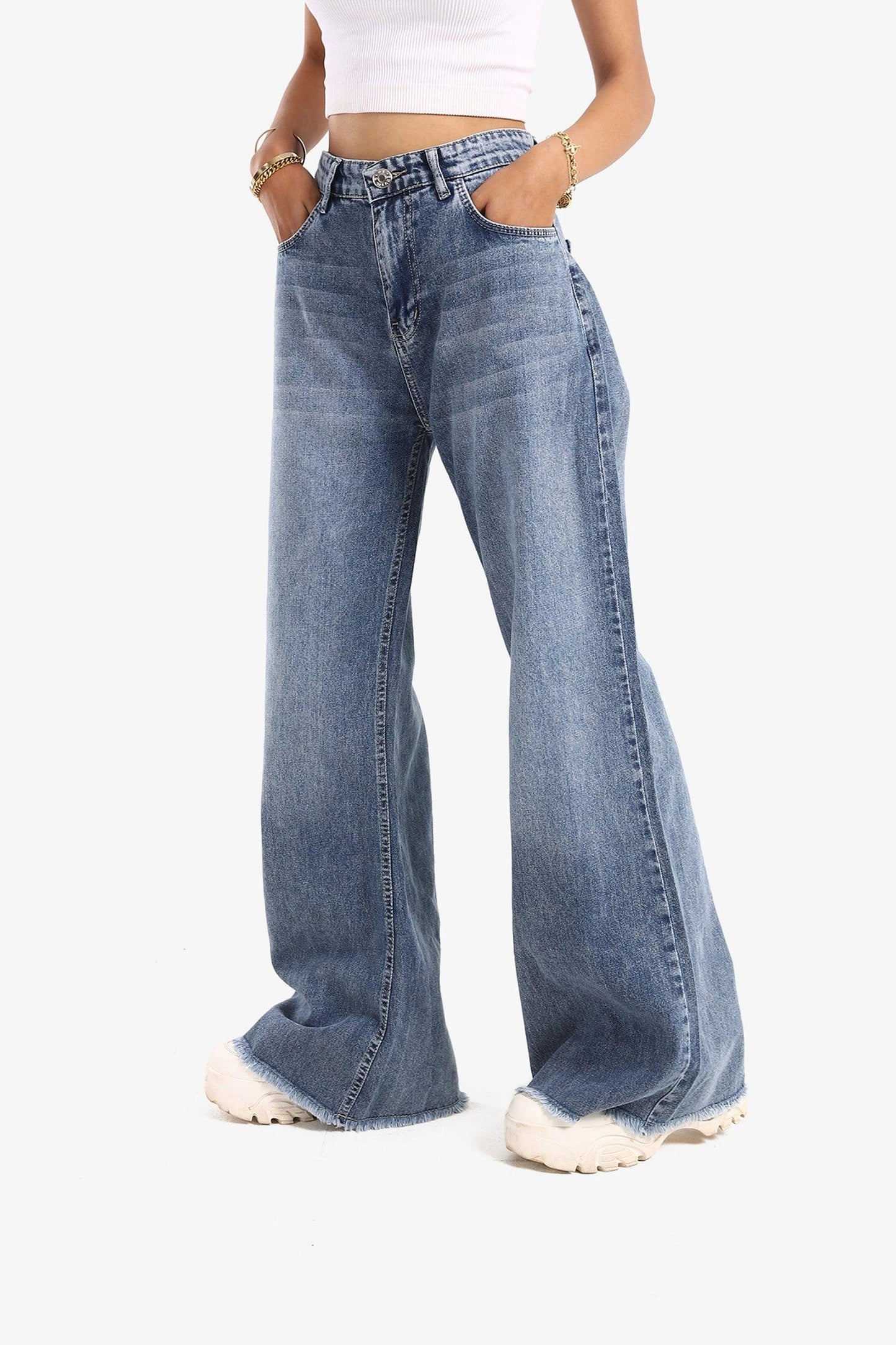 Denim Blue Unstitched Hem Wide Leg Jeans