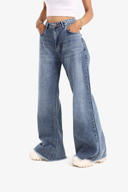 Denim Blue Unstitched Hem Wide Leg Jeans