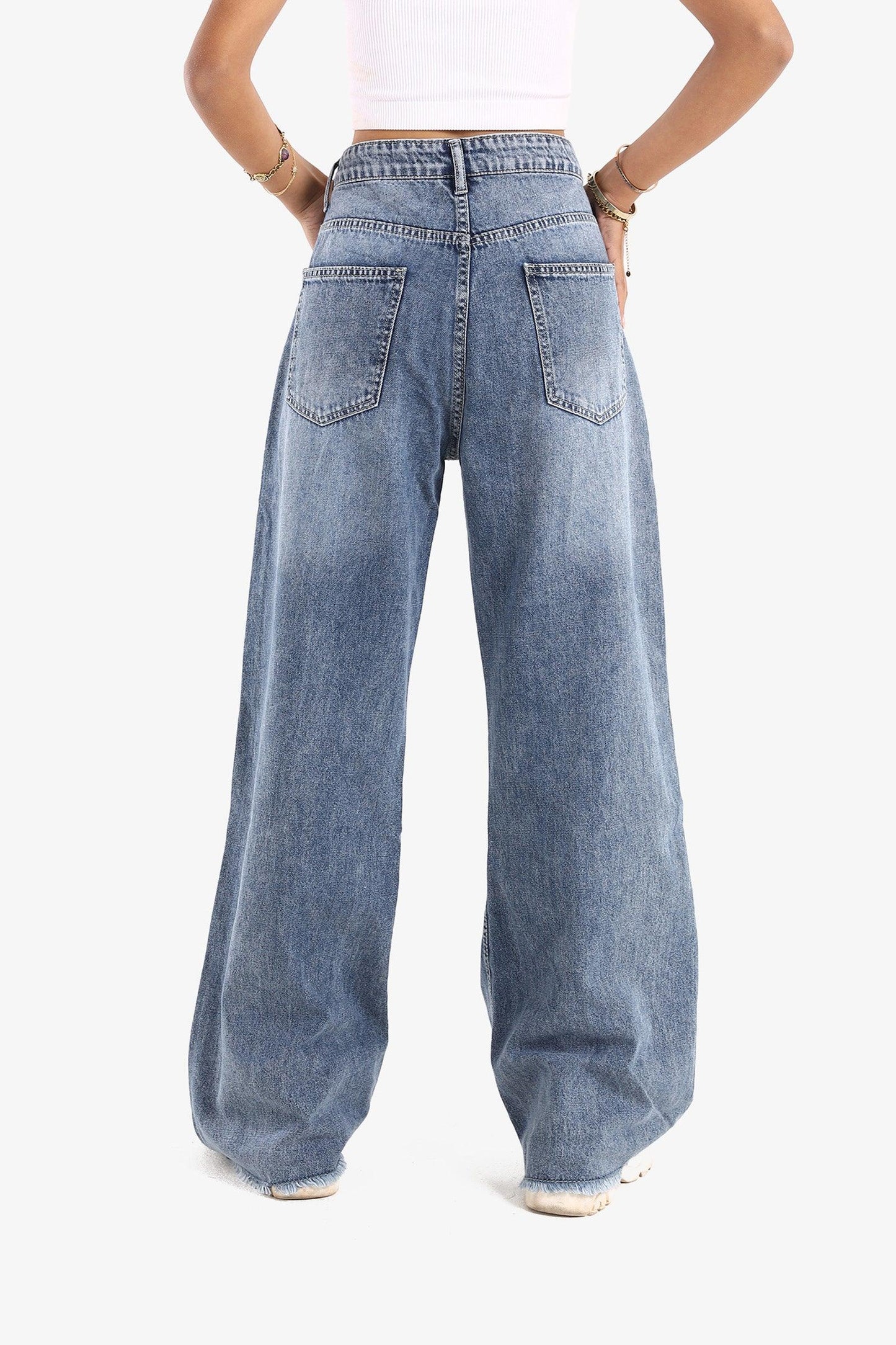 Denim Blue Unstitched Hem Wide Leg Jeans
