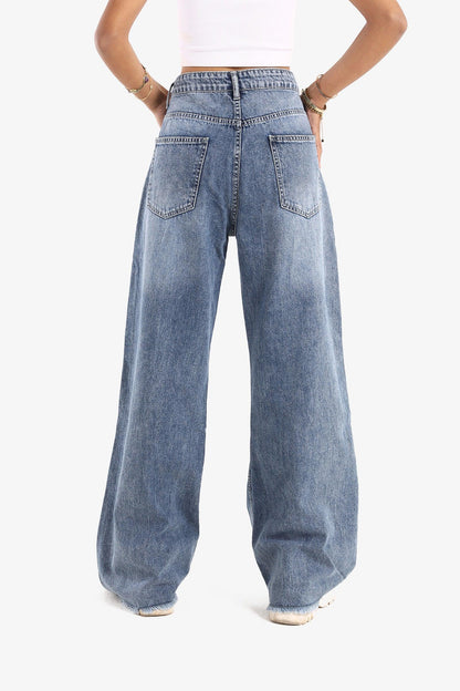 Denim Blue Unstitched Hem Wide Leg Jeans