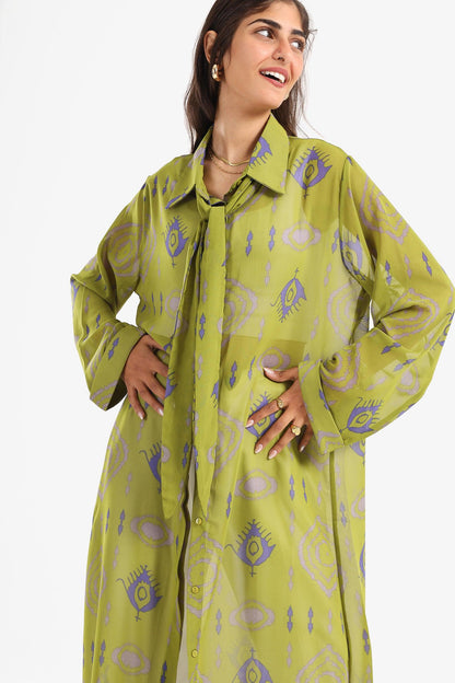 Tie Neck Printed Shirt Dress