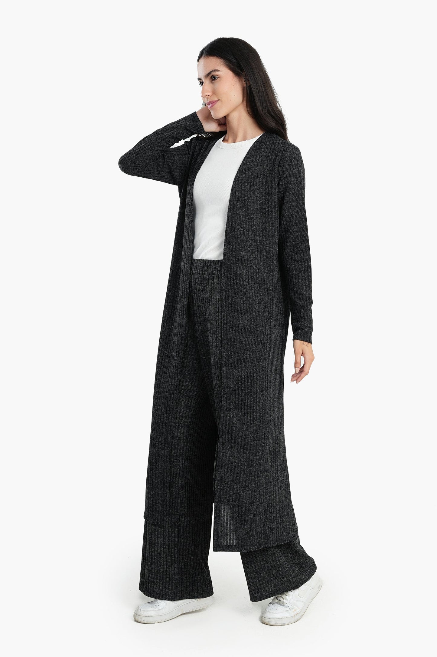 Ribbed Long Open Front Cardigan