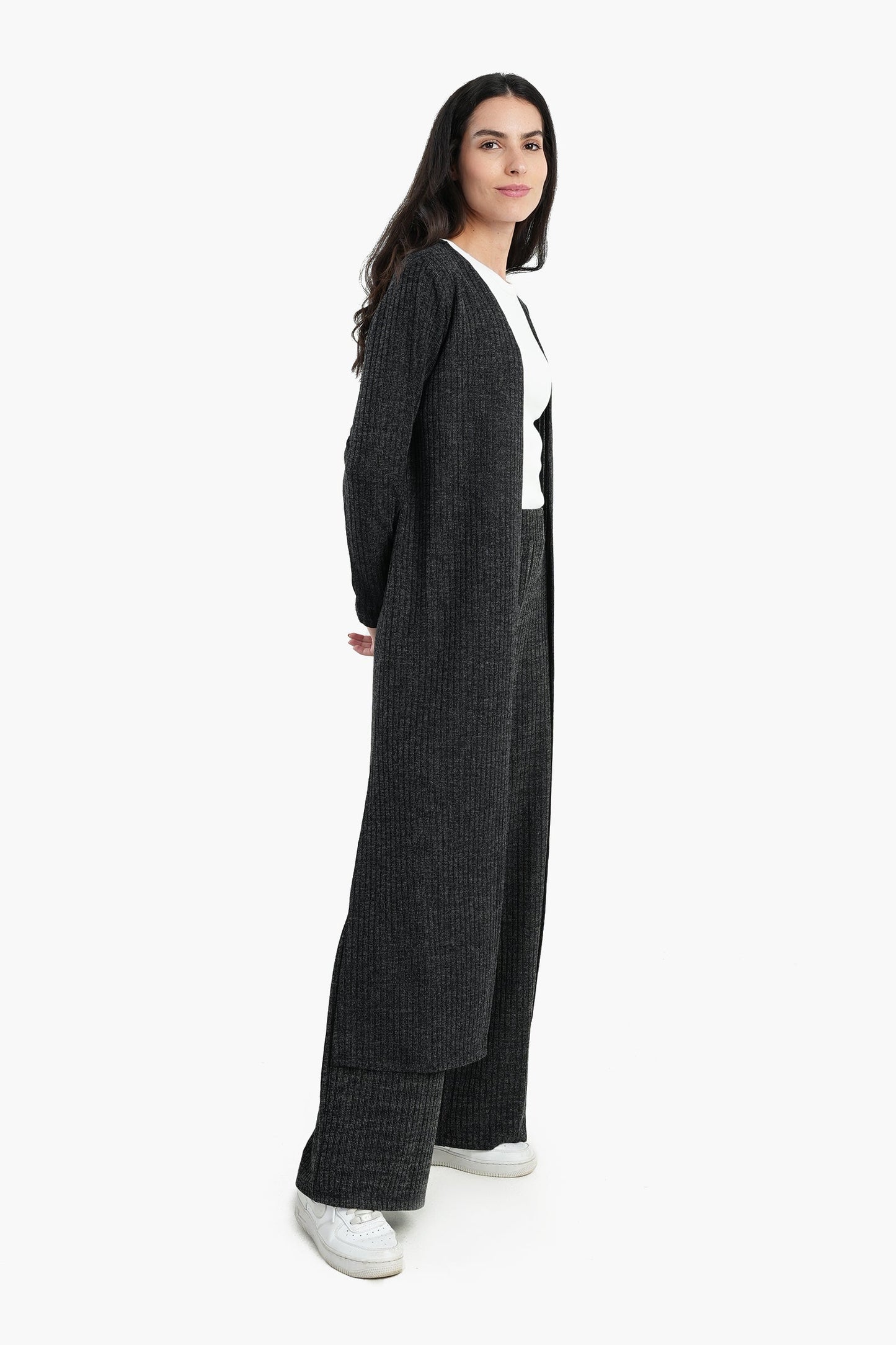 Ribbed Long Open Front Cardigan