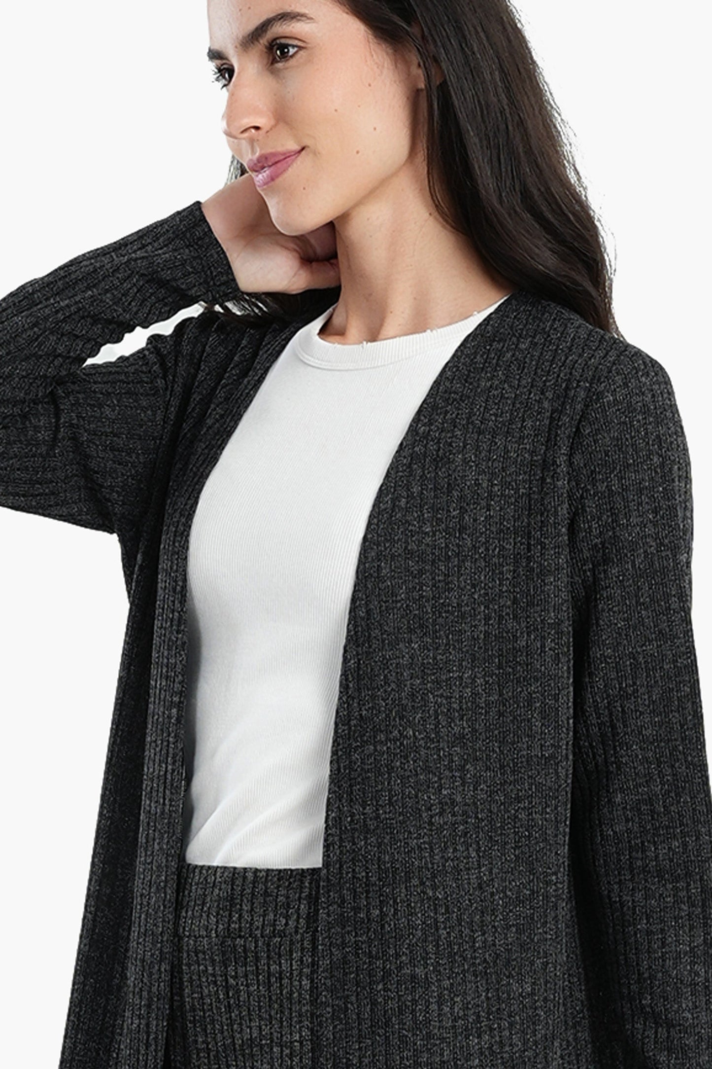 Ribbed Long Open Front Cardigan