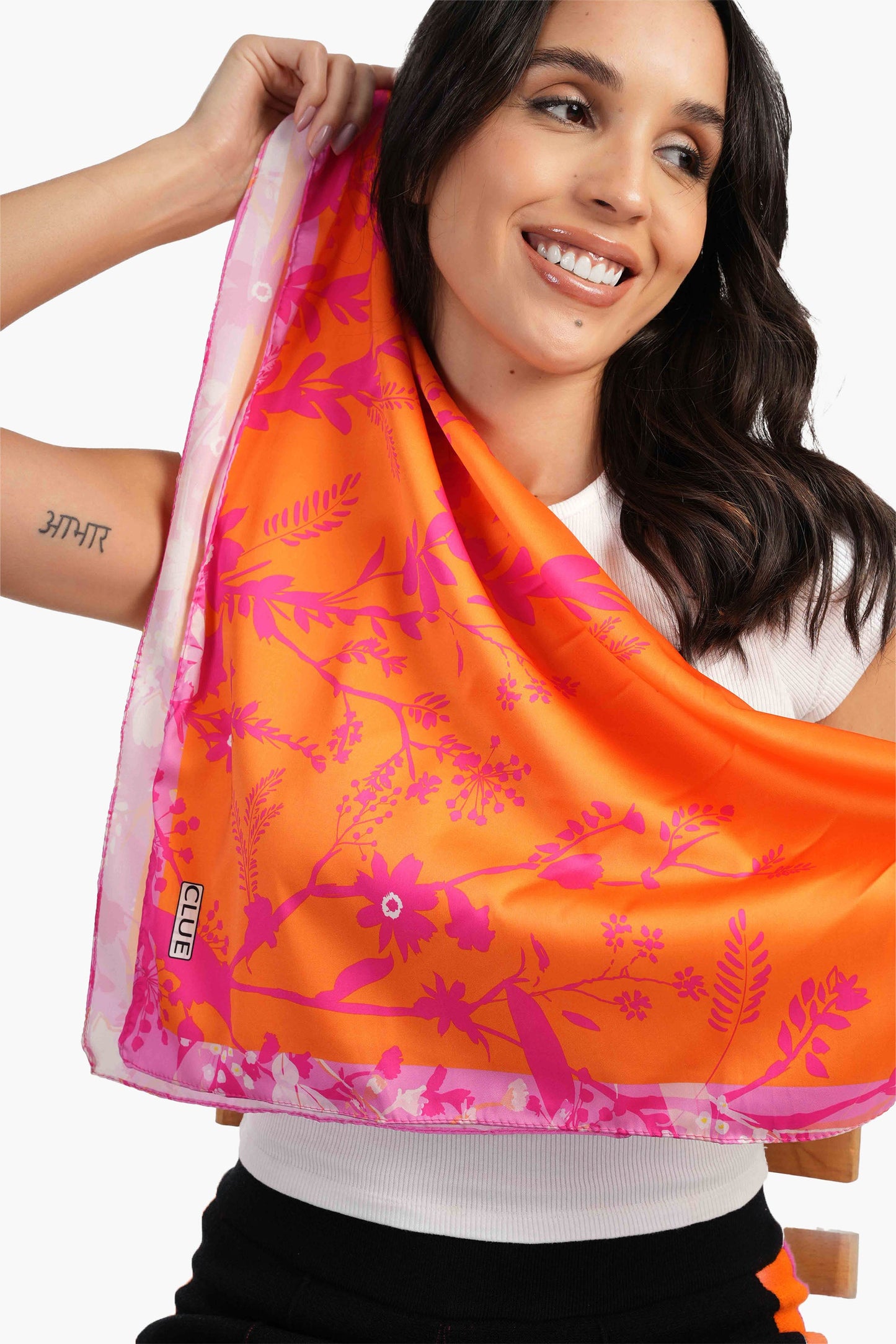 Orange Satin Printed Scarf