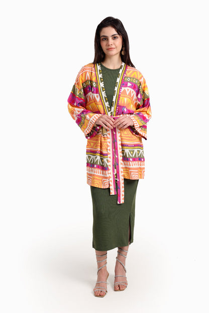 Printed Kimono with Waist Belt