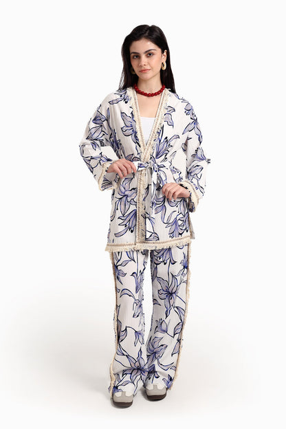 Blue Flowers Kimono with Fringes