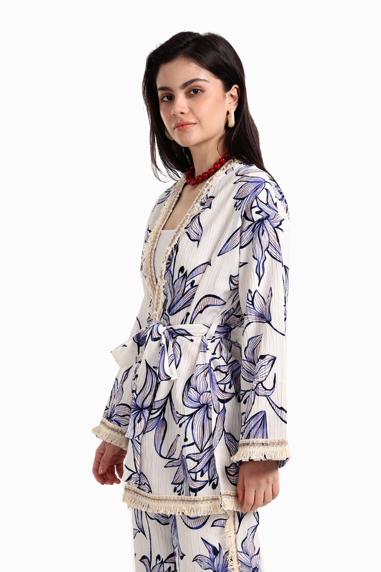 Blue Flowers Kimono with Fringes