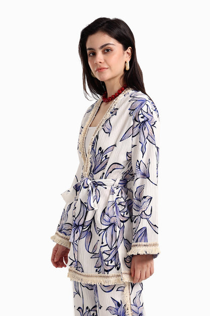 Blue Flowers Kimono with Fringes