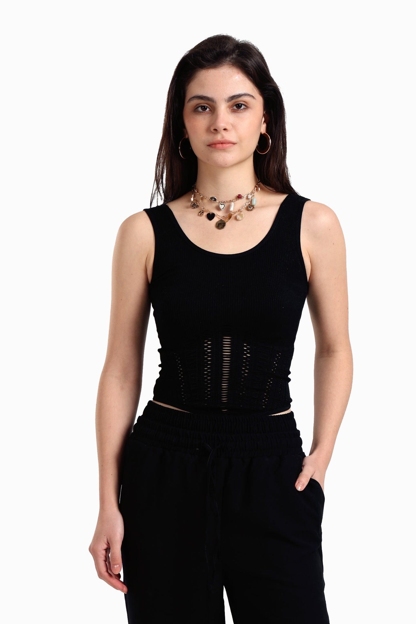 بلوزة بدون أكمام مضلعة وشبكية