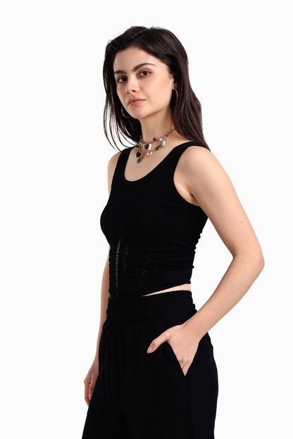 بلوزة بدون أكمام مضلعة وشبكية