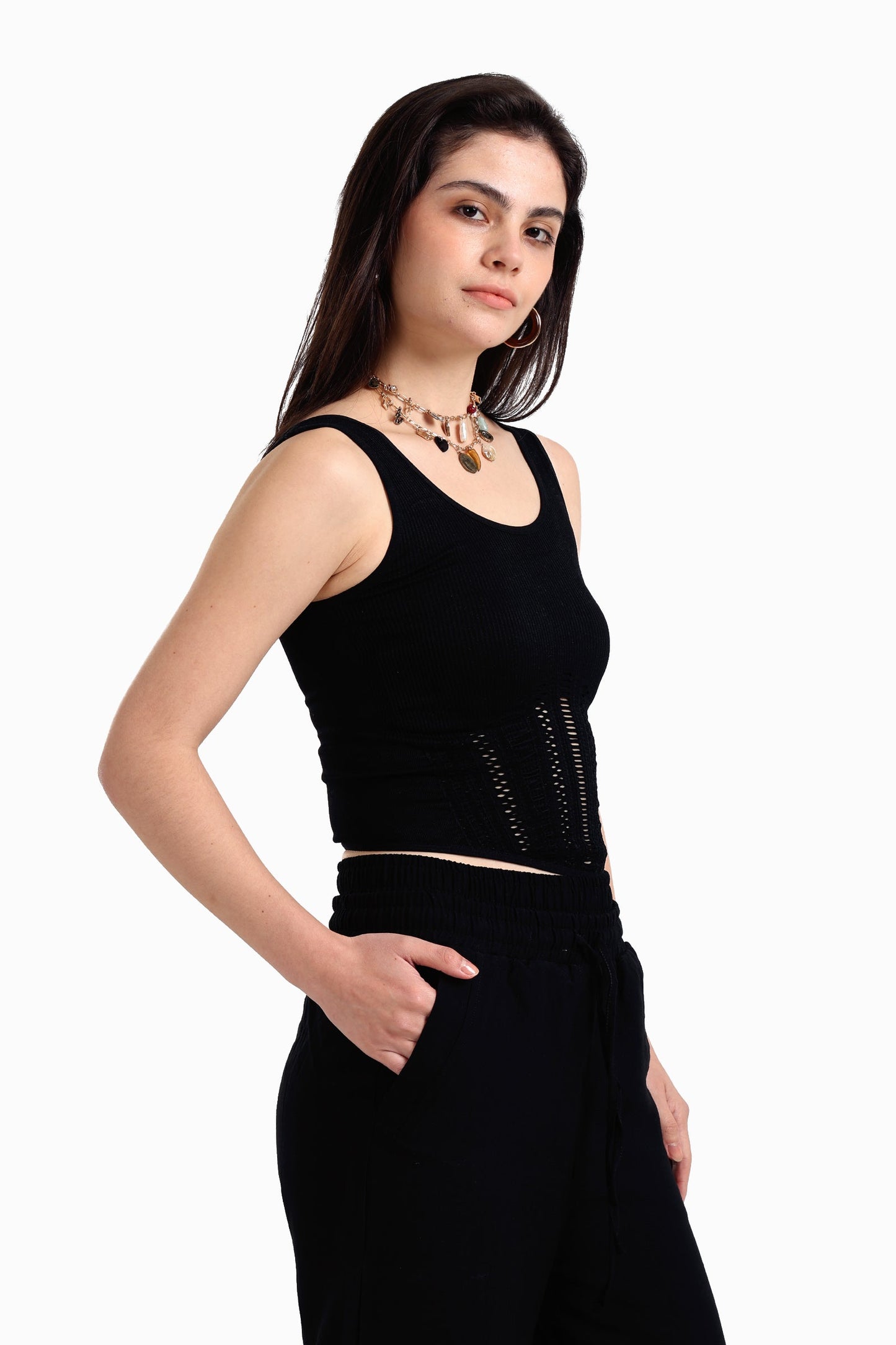 بلوزة بدون أكمام مضلعة وشبكية