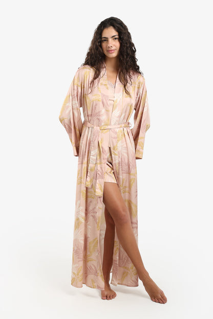Leaf Print Maxi Satin Robe