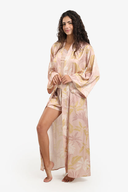 Leaf Print Maxi Satin Robe