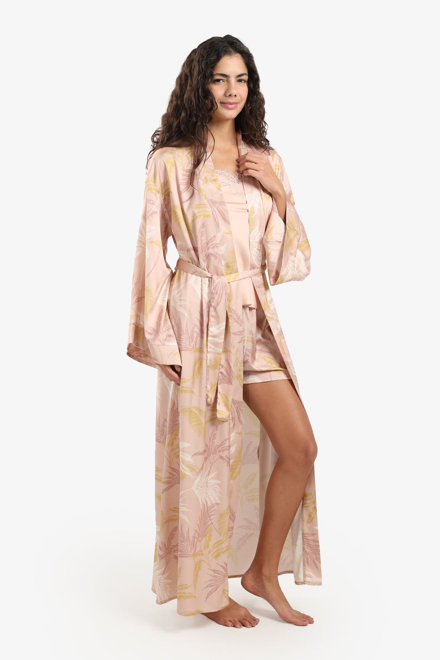 Leaf Print Maxi Satin Robe