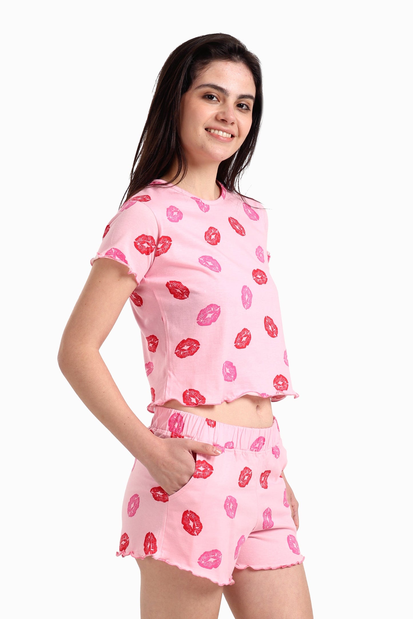 Pink Printed Lips Pyjama Set