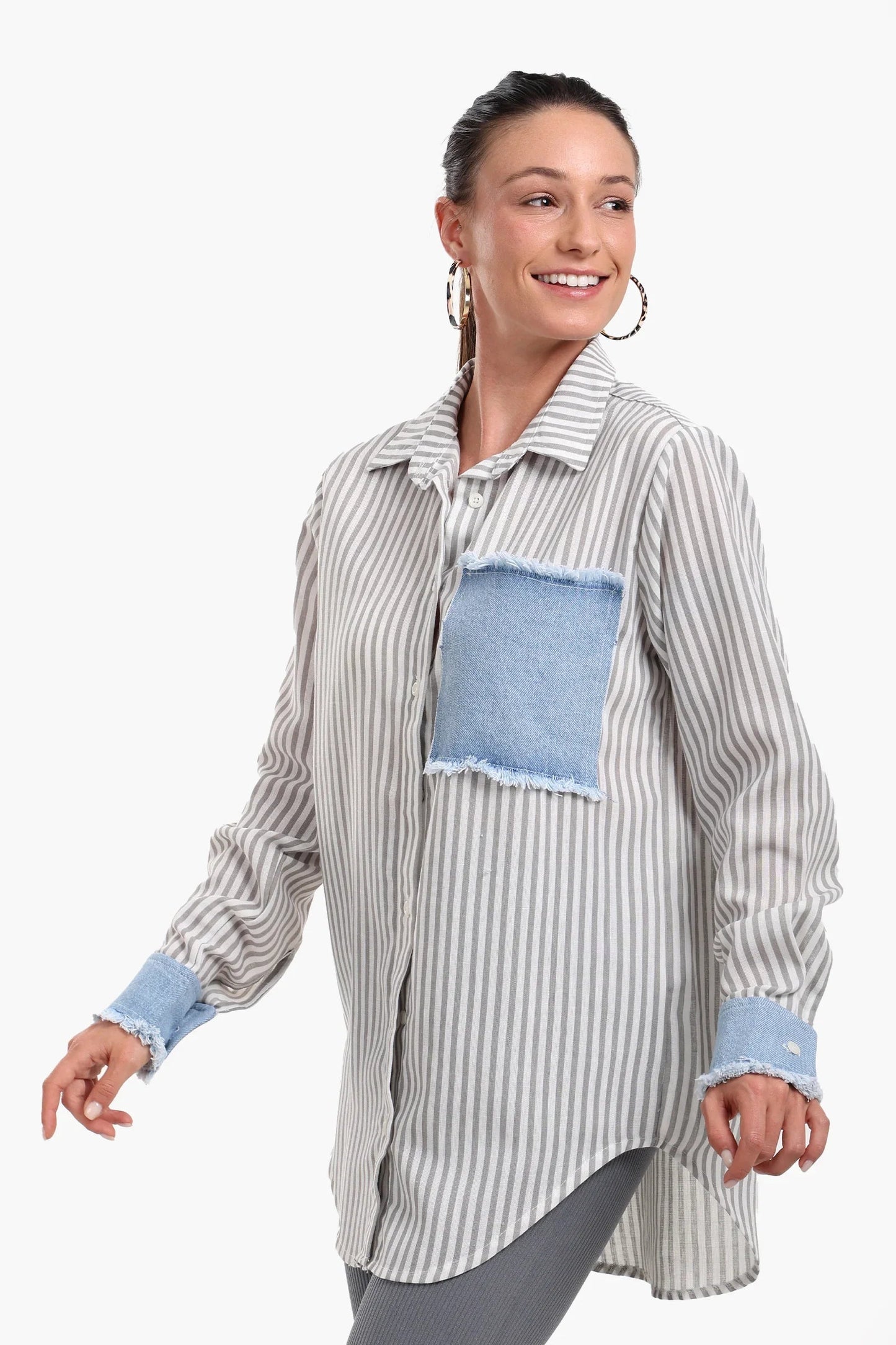 Striped Shirt with Denim Details