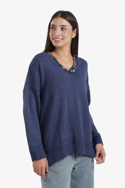 Ribbed V-Neck Pullover