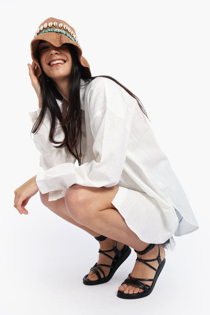 قميص كتان بأكمام منخفضة