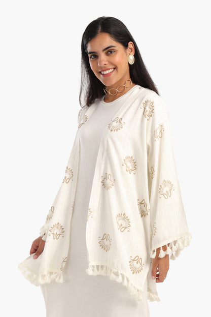 Printed Cardigan with Fringes