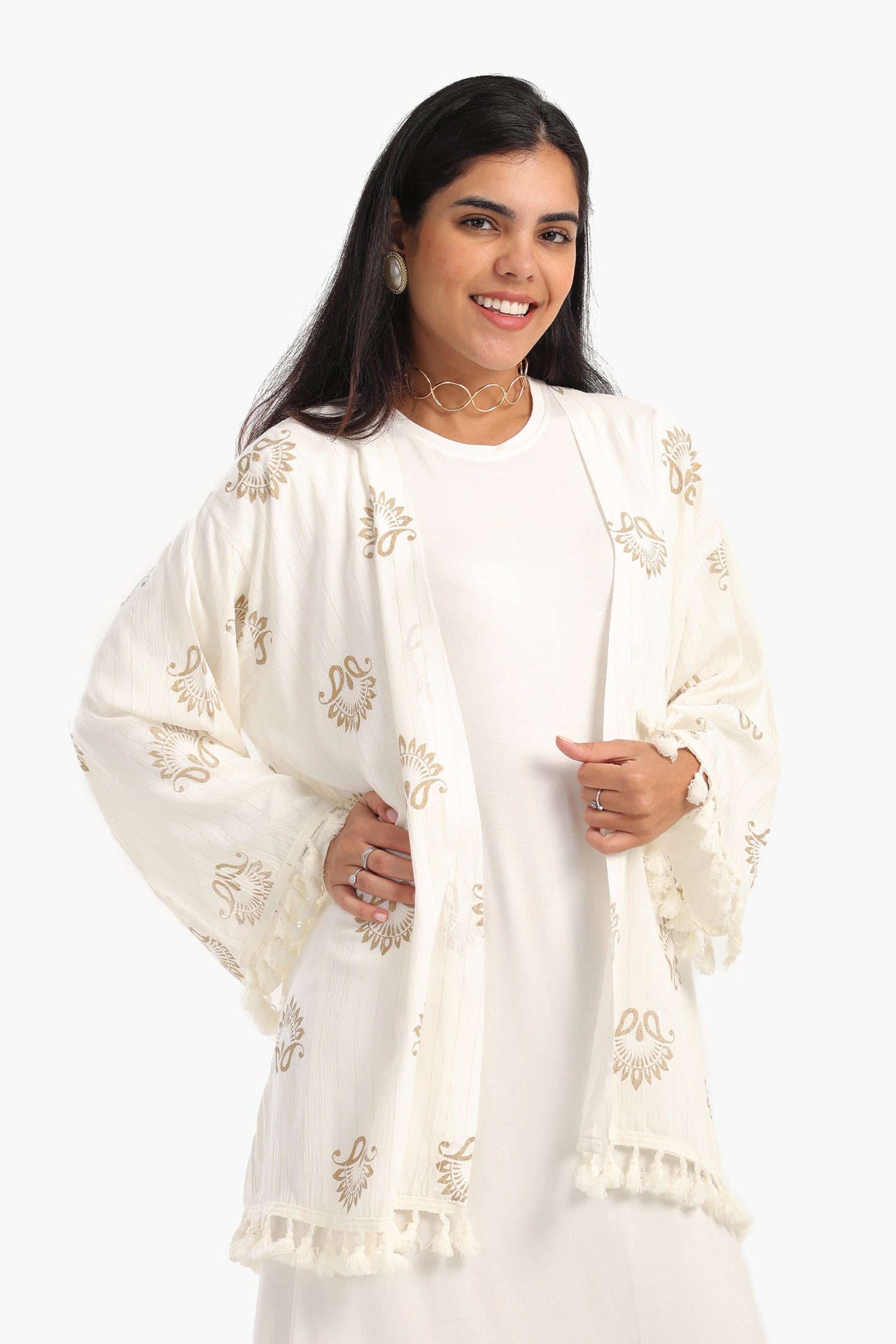 Printed Cardigan with Fringes