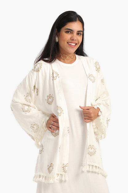 Printed Cardigan with Fringes