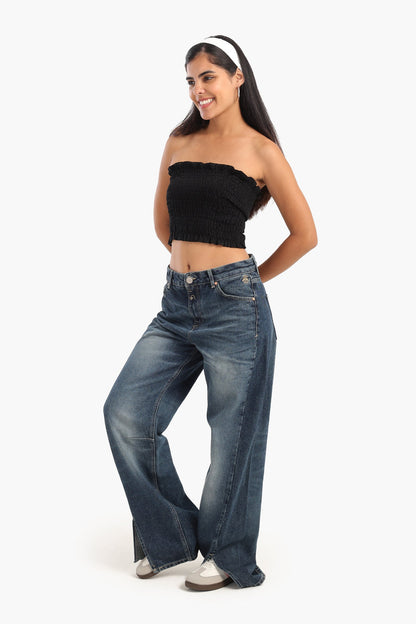 Textured Strapless Top with Frills