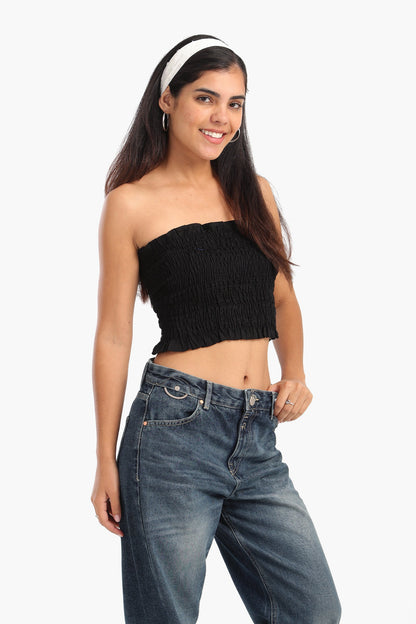 Textured Strapless Top with Frills