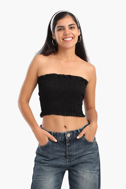 Textured Strapless Top with Frills