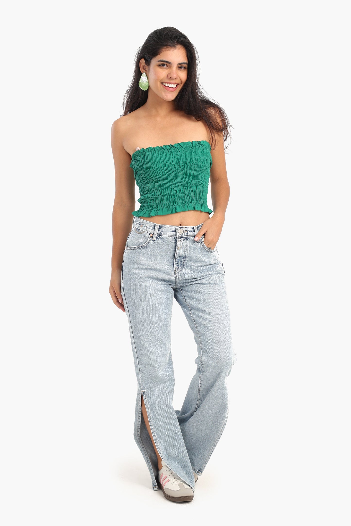 Textured Strapless Top with Frills