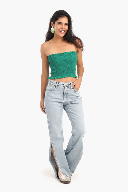 Textured Strapless Top with Frills