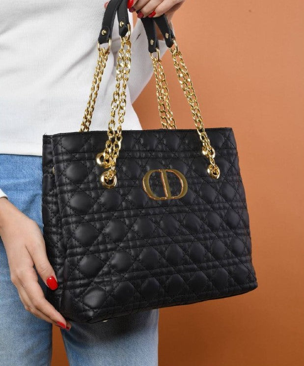 Black Stitched Leather Shoulder Bag