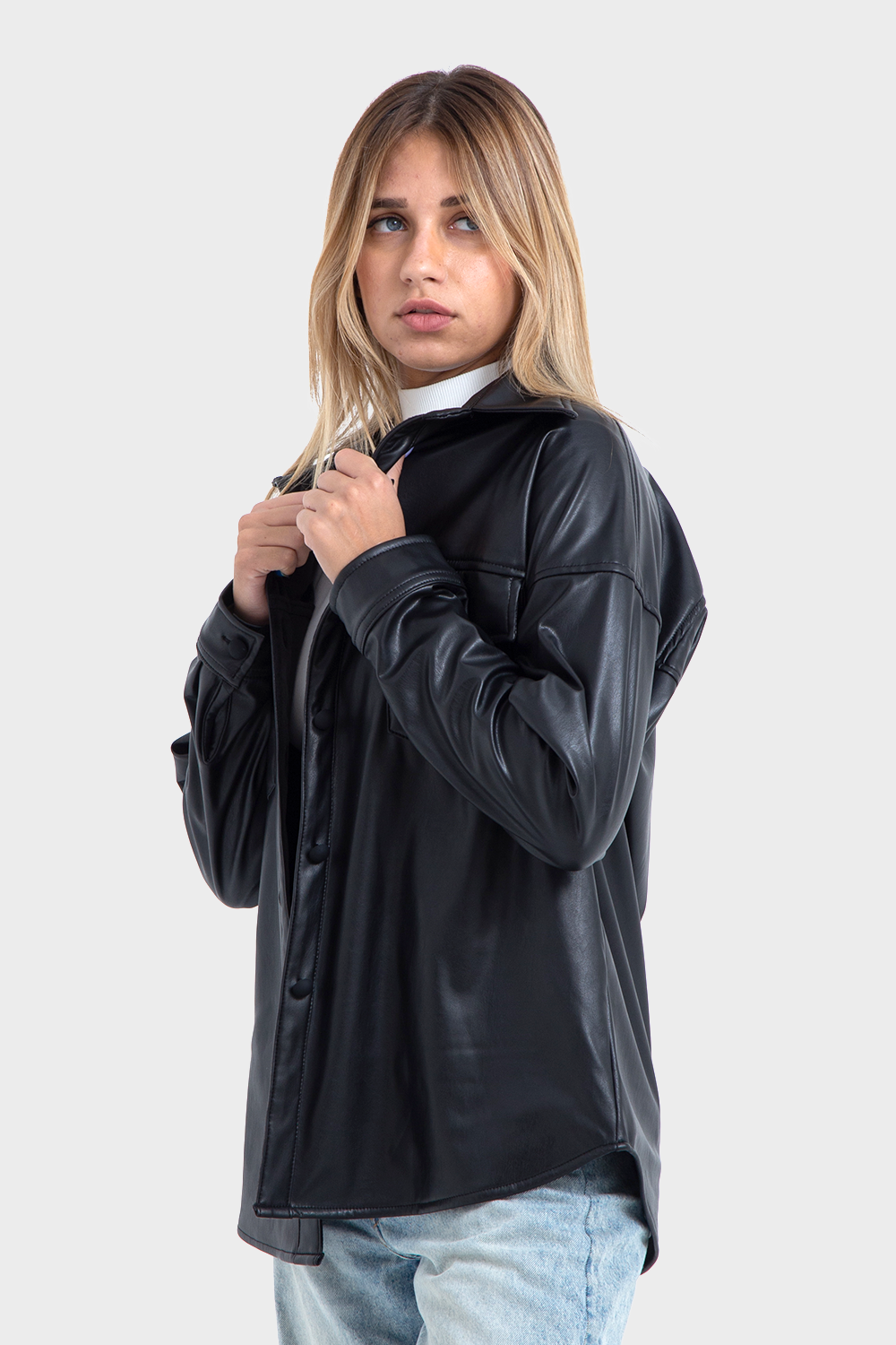 Okoye Premium Line, Black Oversized Leather Shirt