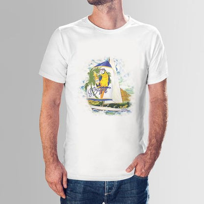 White Half Sleeve Corona Parrot Print T-Shirt