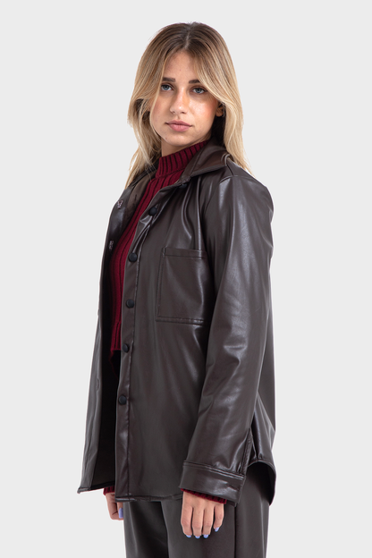 Dark Brown Regular Fit Leather Shirt