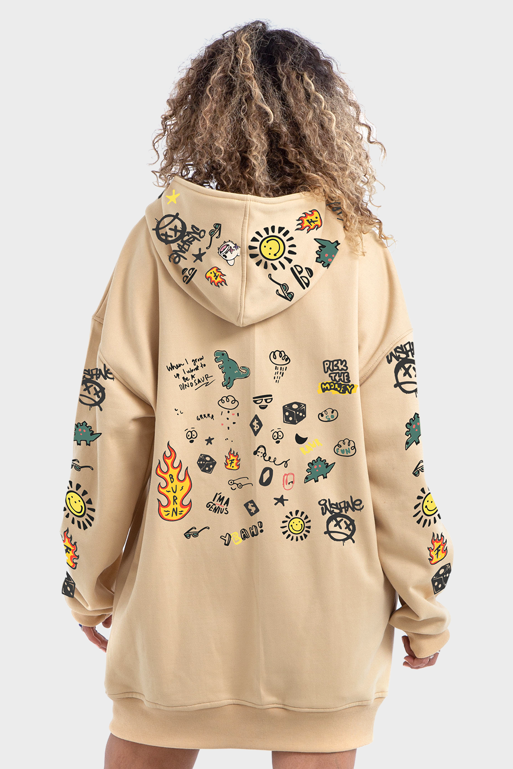 Okoye Premium Line, Beige Extra Oversized Printed Hoodie