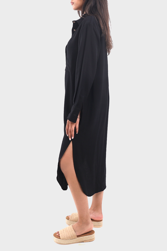 Black Linen Shirt Dress With Side Slits