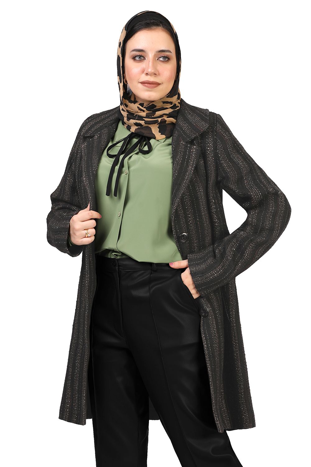 Smoky Striped Tweed Coat with Leather Belt