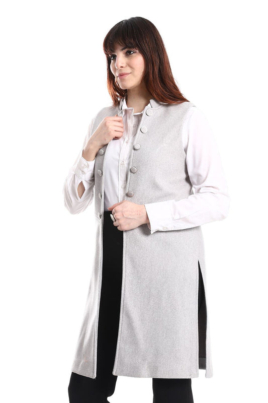 Gray Patterned Decorative Buttons Long Vest