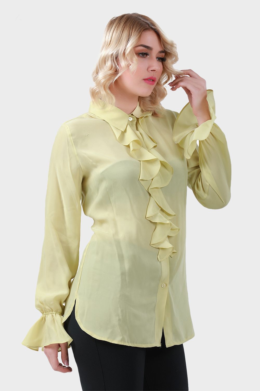 Smoky Cupro Shirt with Ruffled Trim