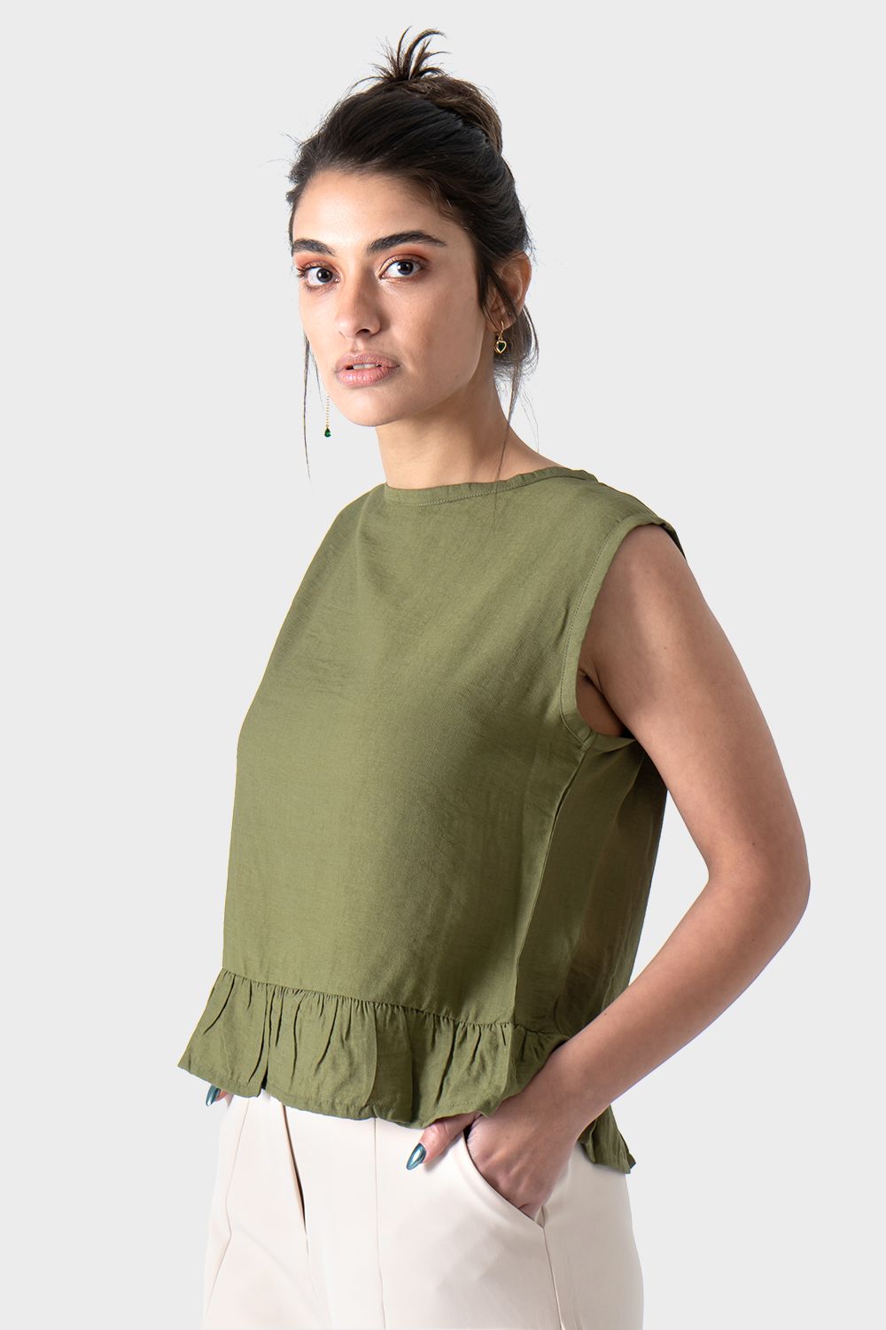 Olive Sleeveless Ruffle Blouse