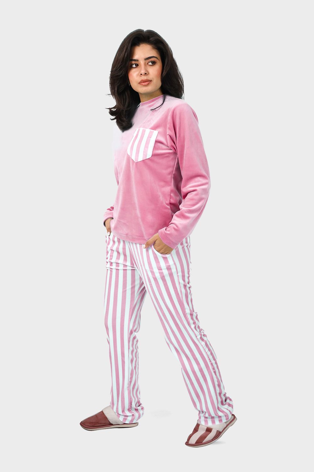 Shechick Top & Striped Pants Velvet Pajama Set