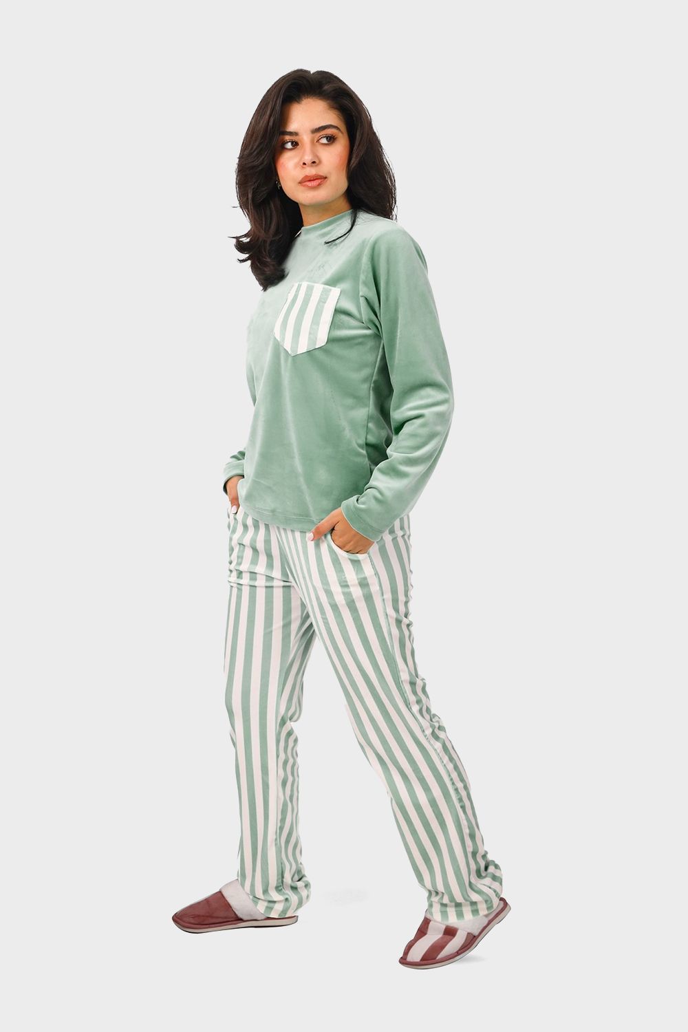 Shechick Top & Striped Pants Velvet Pajama Set