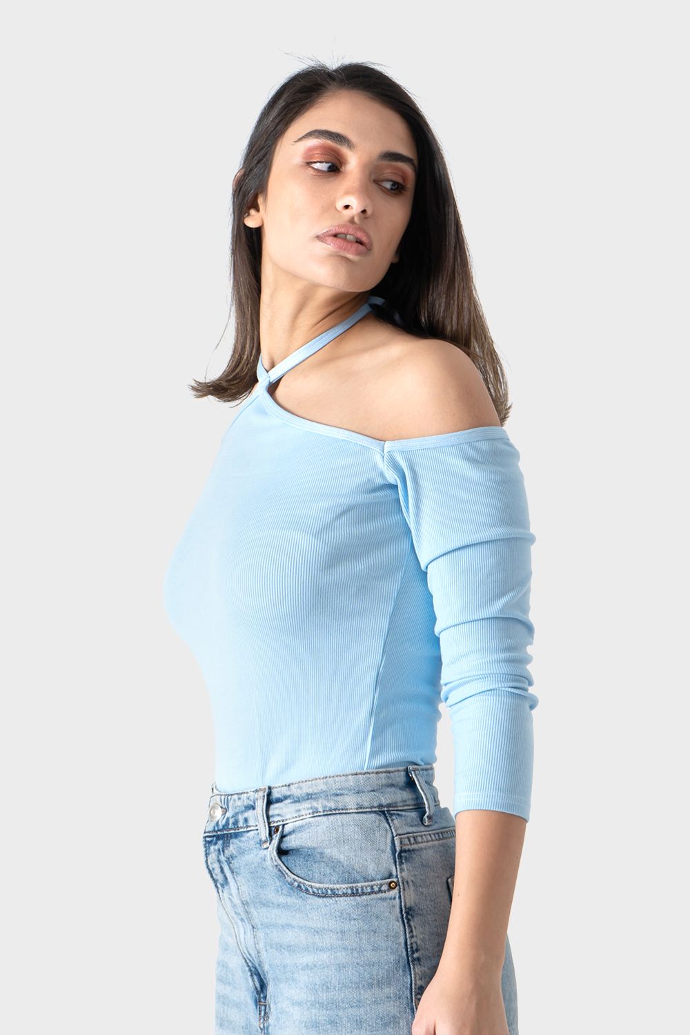 Okoye Baby Blue Cold Shoulder Halter Neck Top