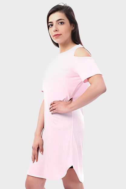 Plain Round Neck Short Night Gown With Cold Shoulders