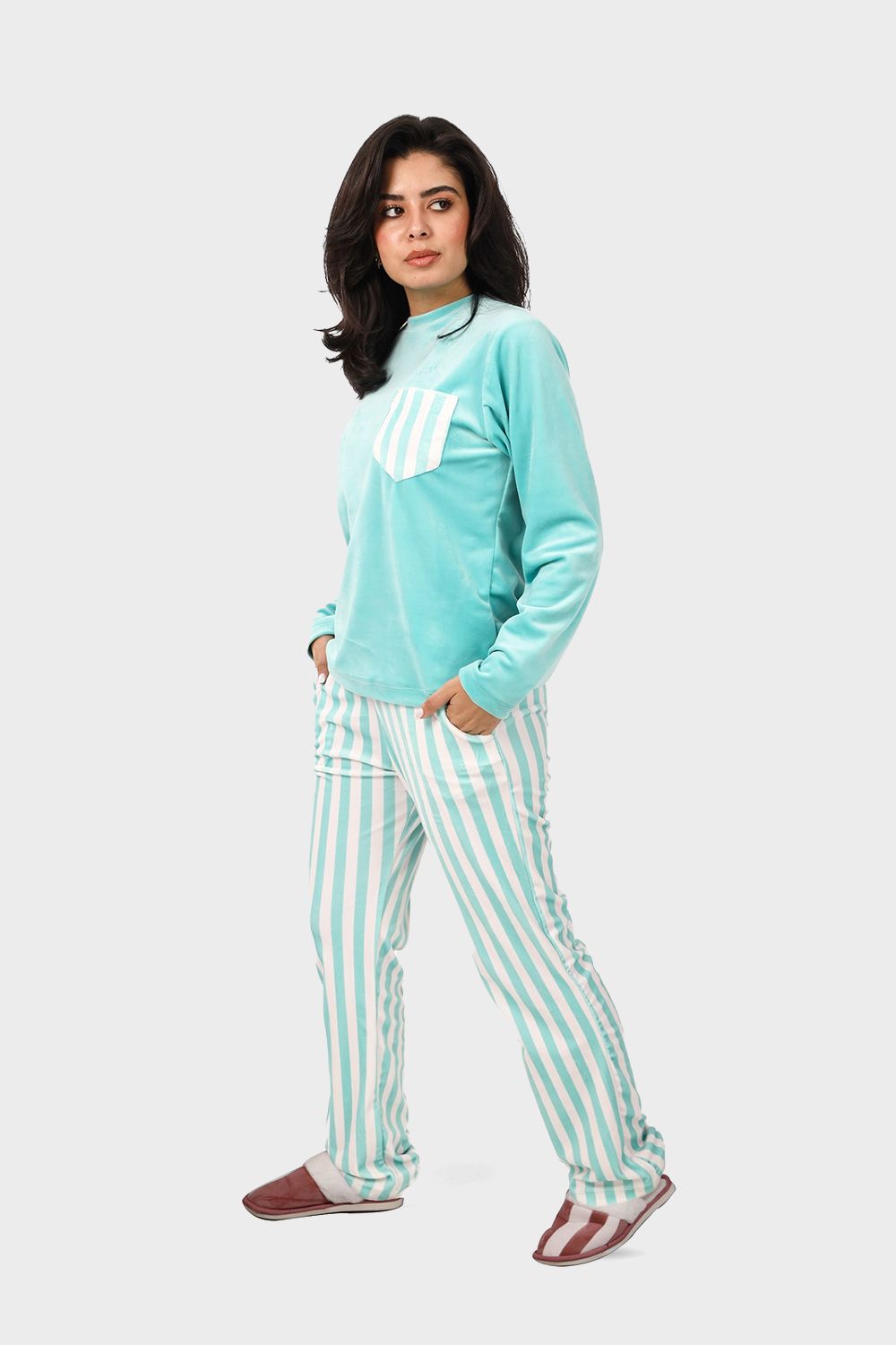 Shechick Top & Striped Pants Velvet Pajama Set