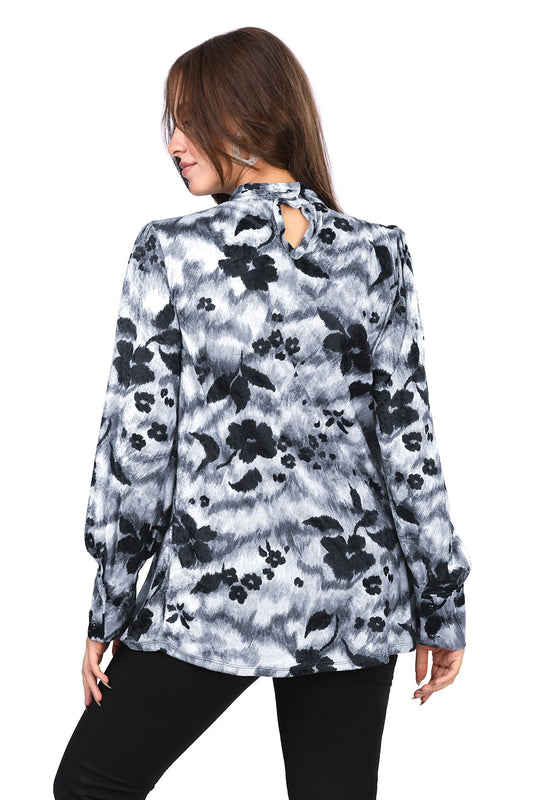 Smoky Mock Neck Floral Velvet Blouse